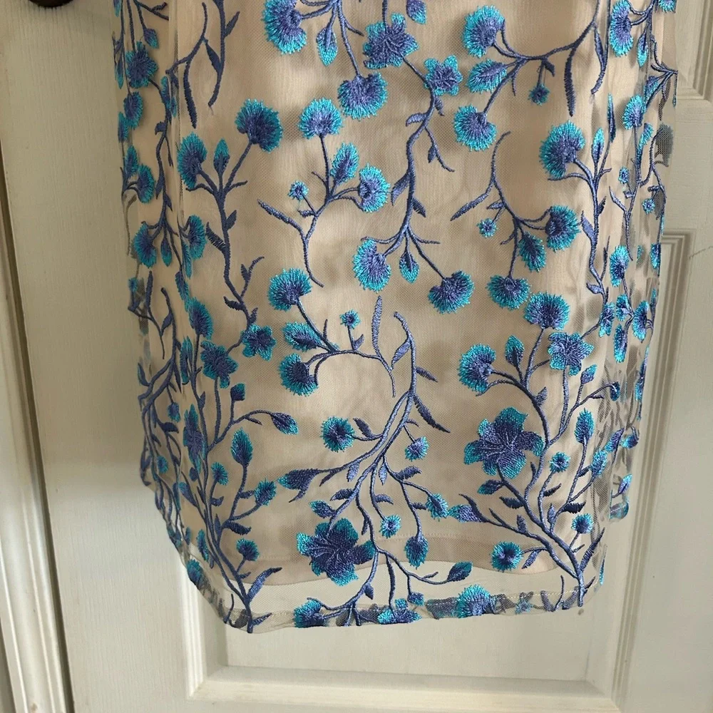 Adrianna Papell Floral Sheath Dress Cream Blue Nude Cap Sleeve Size 14 - Picture 5 of 14